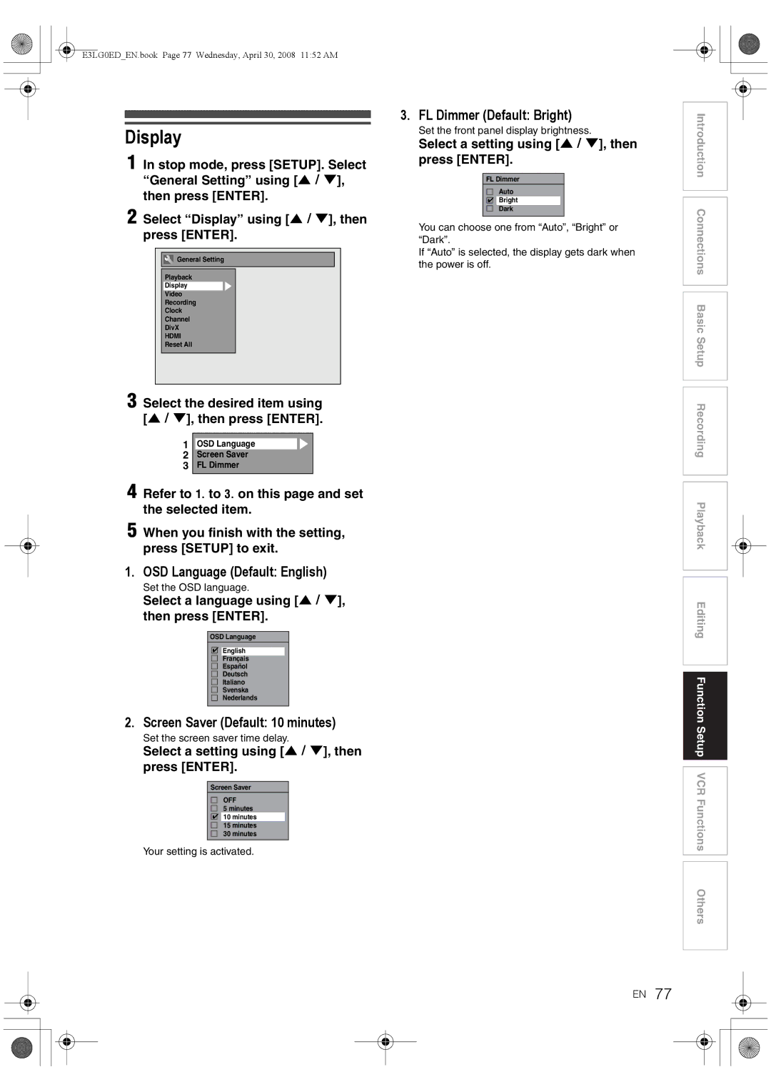 Toshiba RD-XV48KE Display, OSD Language Default English, Screen Saver Default 10 minutes, FL Dimmer Default Bright 