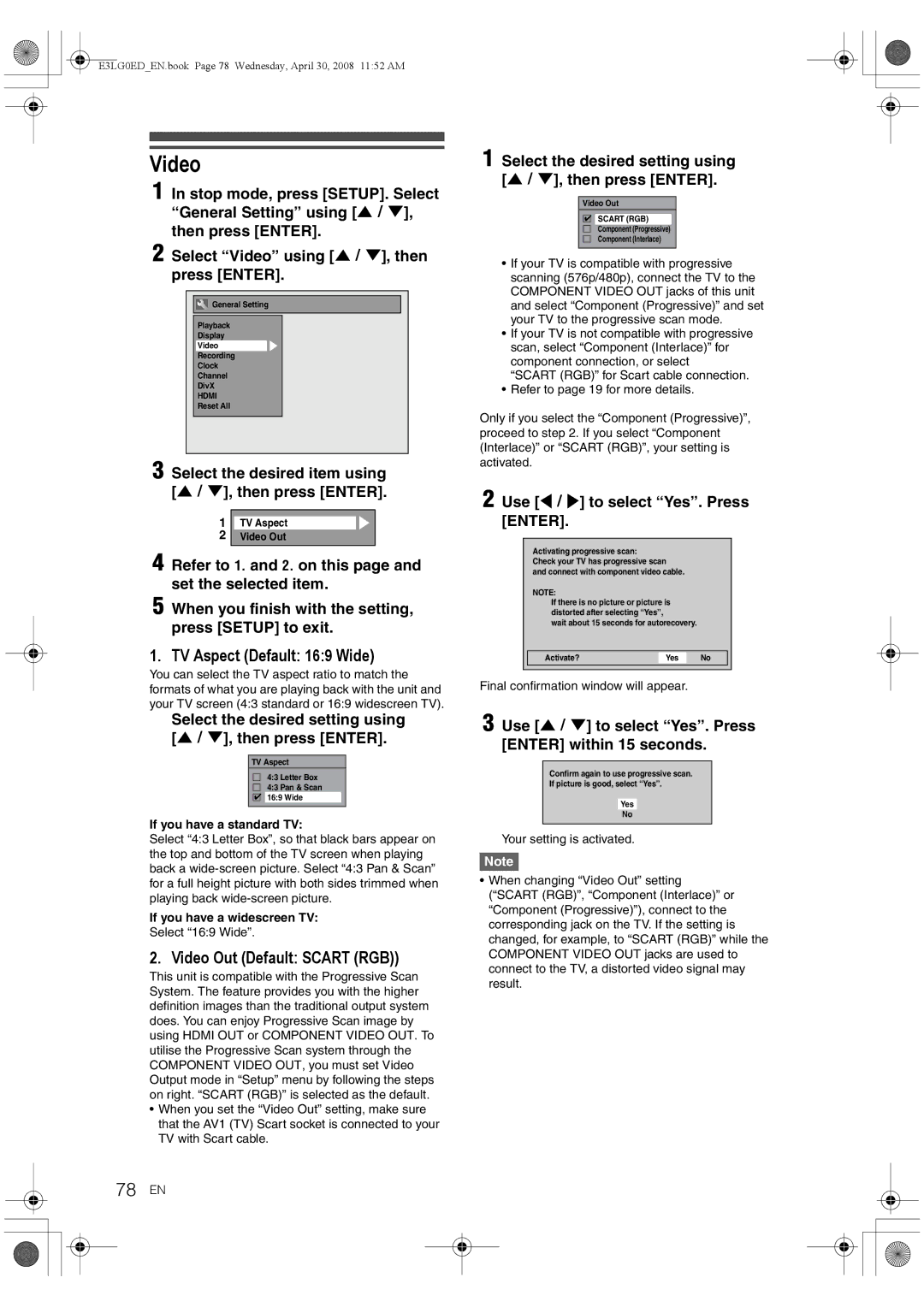 Toshiba RD-XV48KE owner manual 78 EN, TV Aspect Default 169 Wide, Video Out Default Scart RGB 