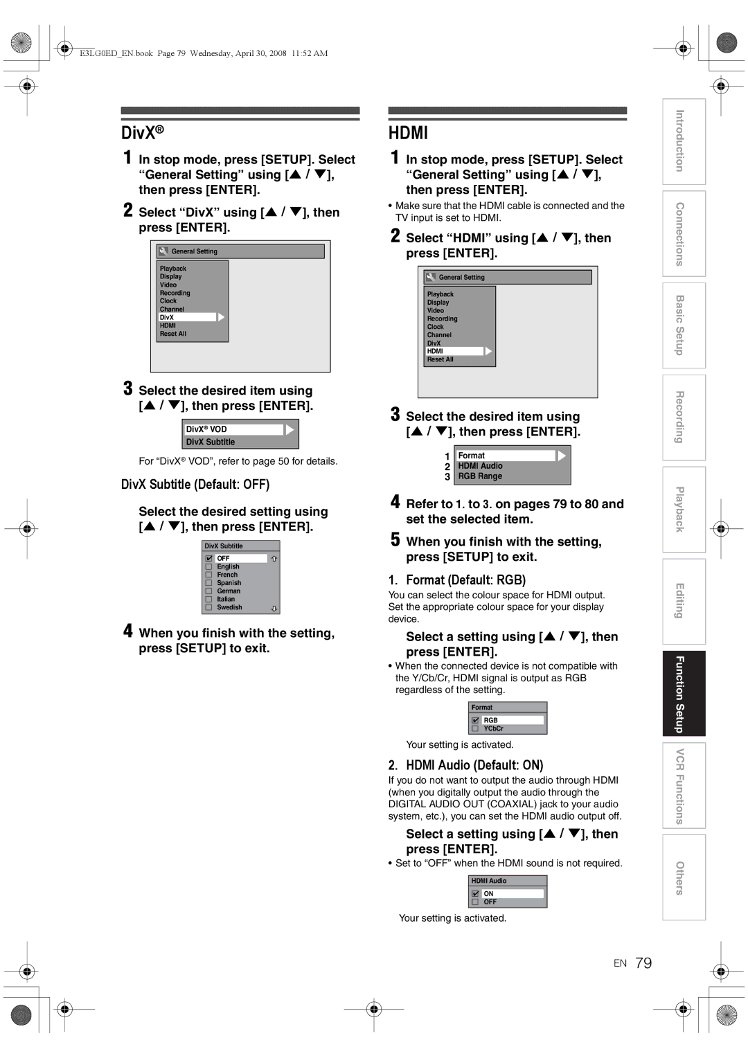 Toshiba RD-XV48KE owner manual DivX Subtitle Default OFF, Format Default RGB, Hdmi Audio Default on 