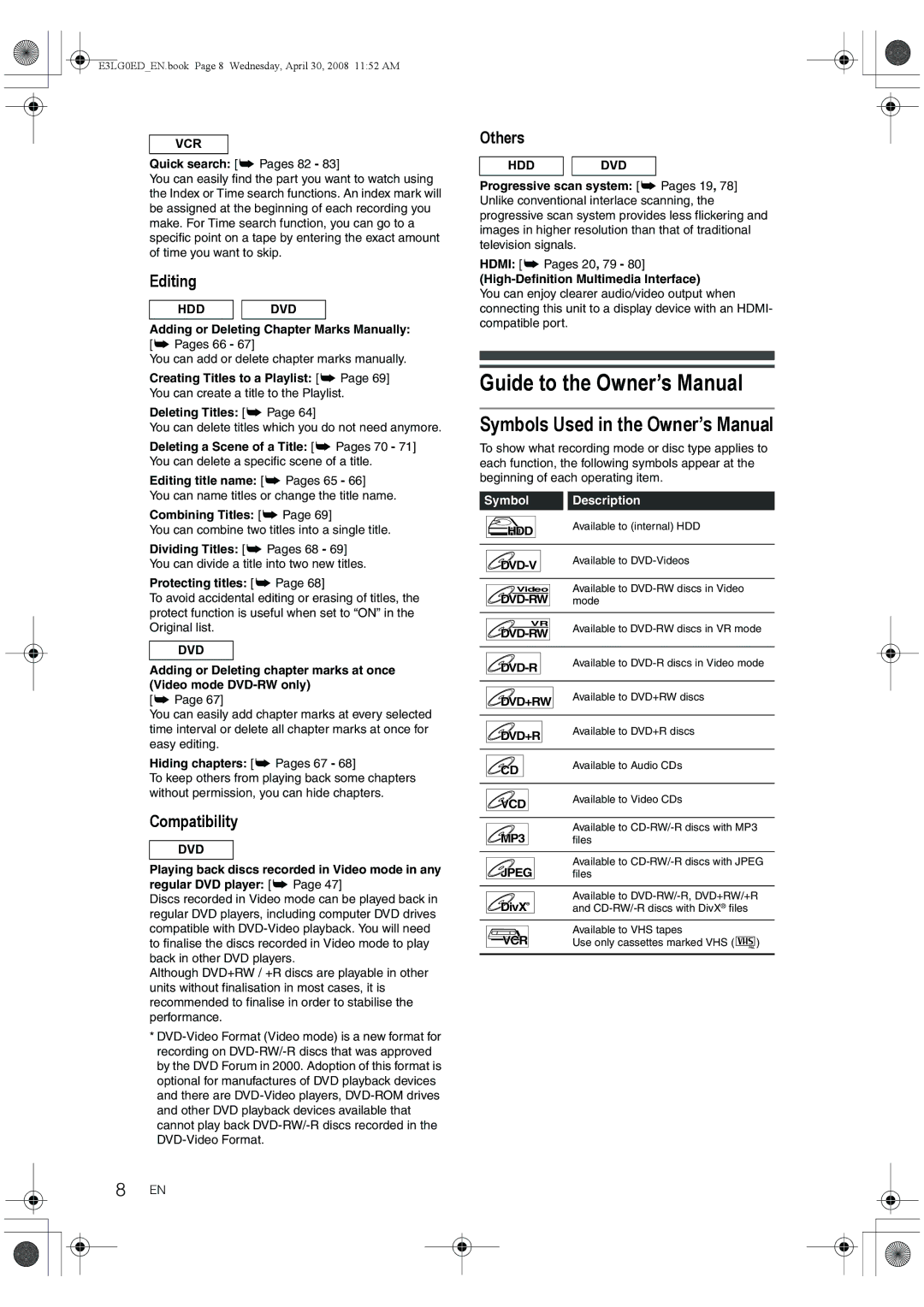 Toshiba RD-XV48KE owner manual Editing, Compatibility, Others, Symbol Description 