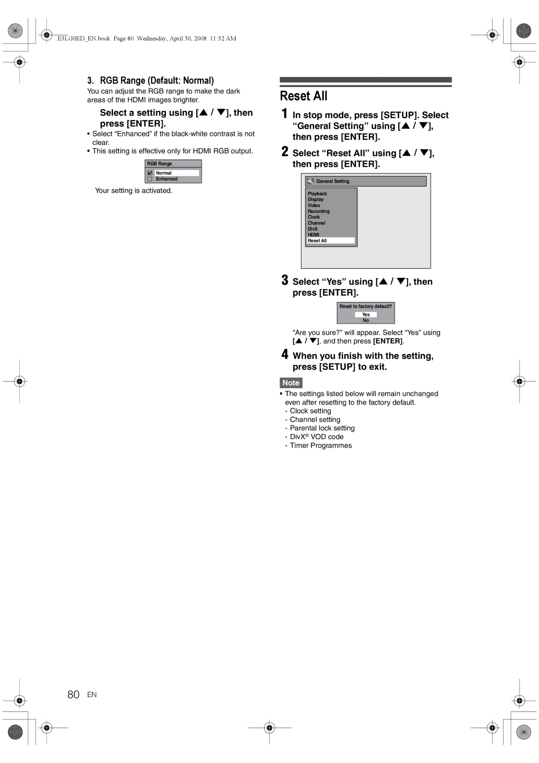 Toshiba RD-XV48KE owner manual Reset All, 80 EN, RGB Range Default Normal 