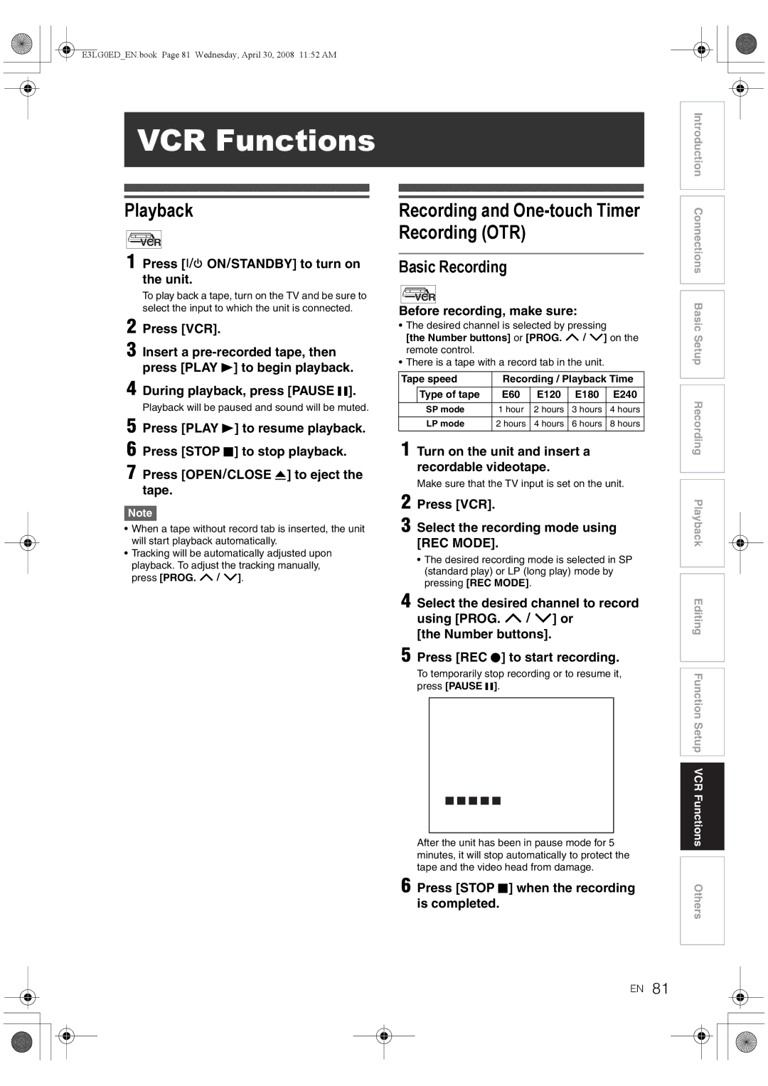 Toshiba RD-XV48KE owner manual VCR Functions, Recording and One-touch Timer Recording OTR, Basic Recording 