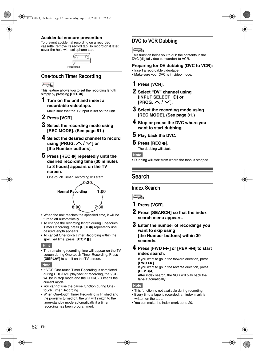 Toshiba RD-XV48KE owner manual One-touch Timer Recording, DVC to VCR Dubbing, Index Search, 82 EN 