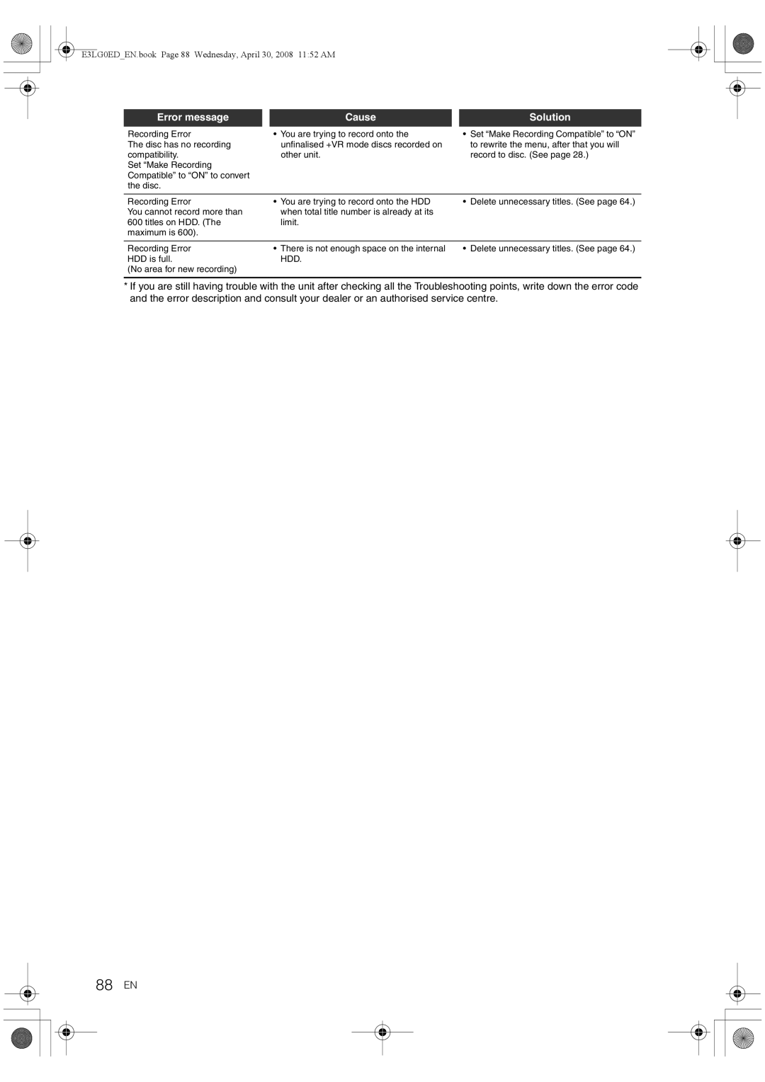 Toshiba RD-XV48KE owner manual 88 EN, Error message 