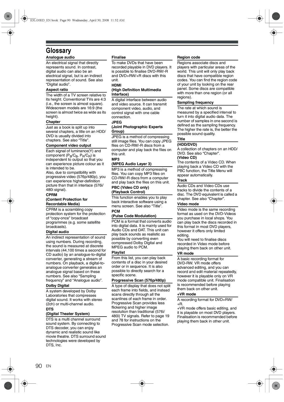 Toshiba RD-XV48KE owner manual Glossary, 90 EN 