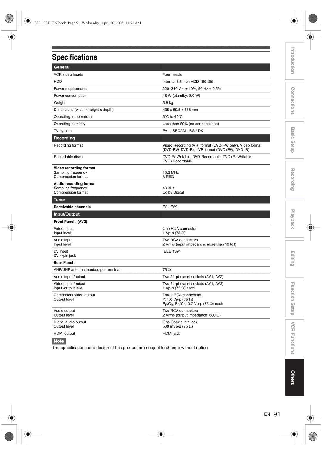 Toshiba RD-XV48KE owner manual Specifications, General, Tuner, Input/Output 