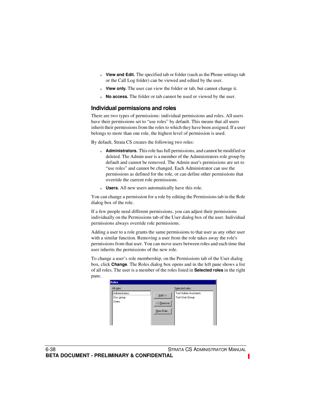 Toshiba Release 4.0 manual Individual permissions and roles, By default, Strata CS creates the following two roles 