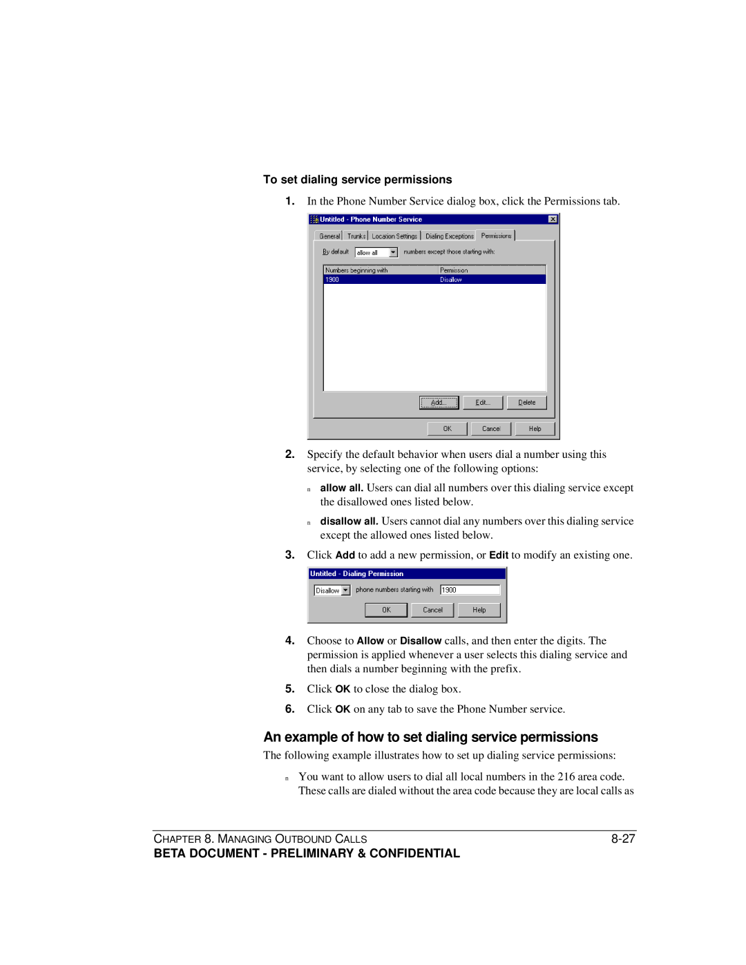 Toshiba Release 4.0 manual An example of how to set dialing service permissions, To set dialing service permissions 