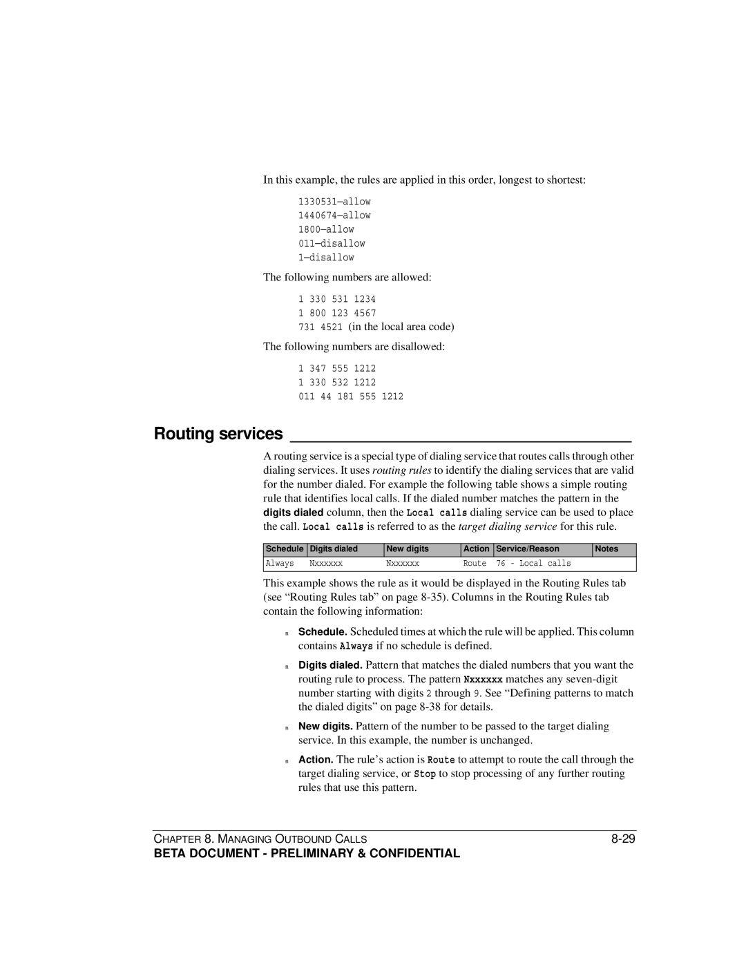 Toshiba Release 4.0 manual Routing services, Following numbers are allowed 