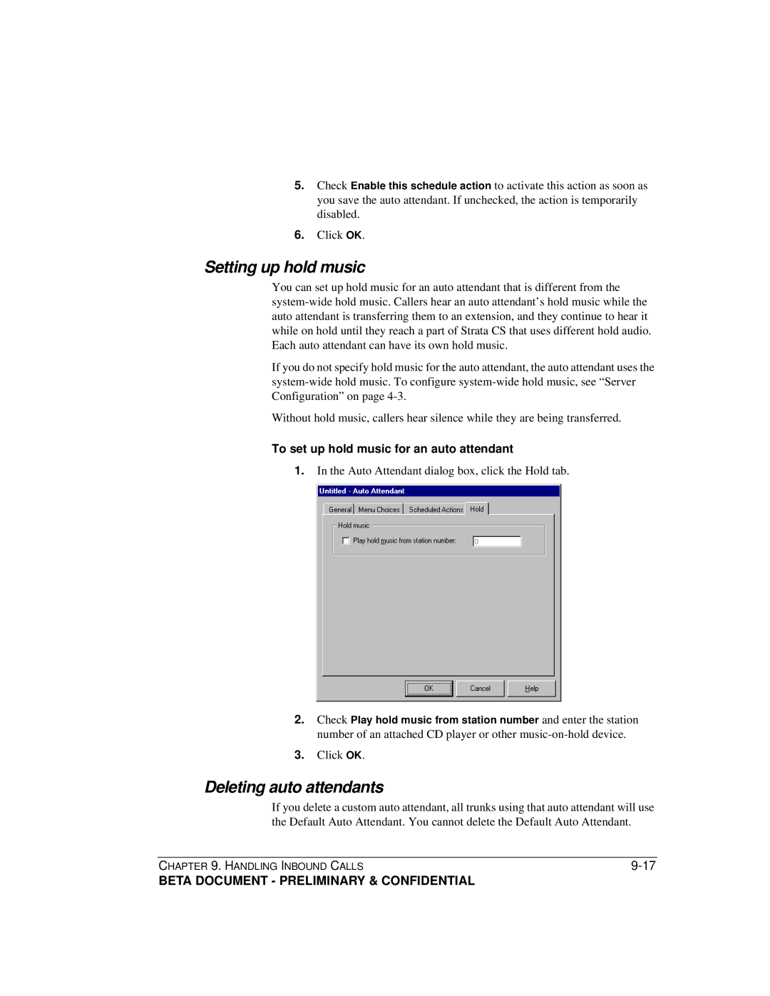 Toshiba Release 4.0 manual Setting up hold music, Deleting auto attendants, To set up hold music for an auto attendant 