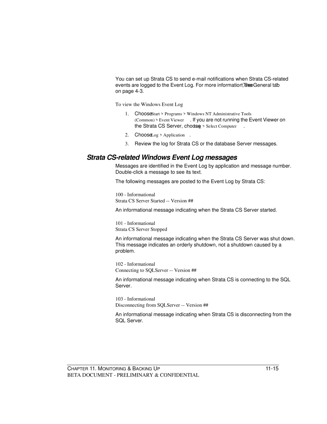 Toshiba Release 4.0 manual Strata CS-related Windows Event Log messages 