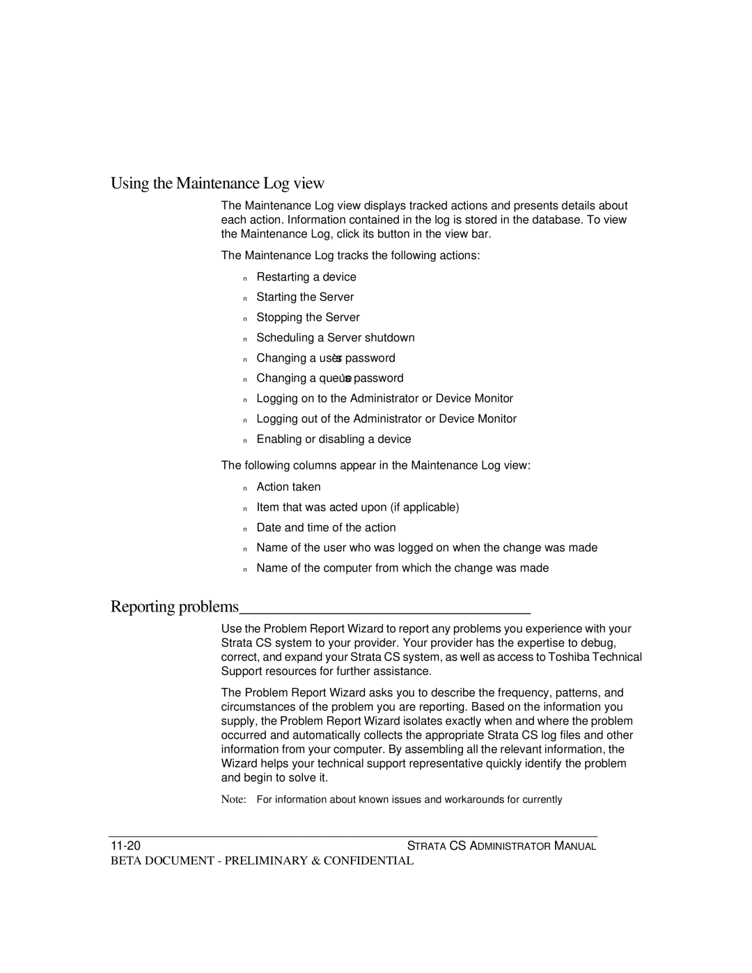 Toshiba Release 4.0 manual Using the Maintenance Log view, Reporting problems 