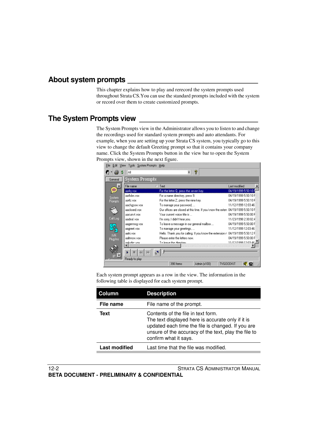 Toshiba Release 4.0 manual About system prompts, System Prompts view, File name, Text, Last modified 