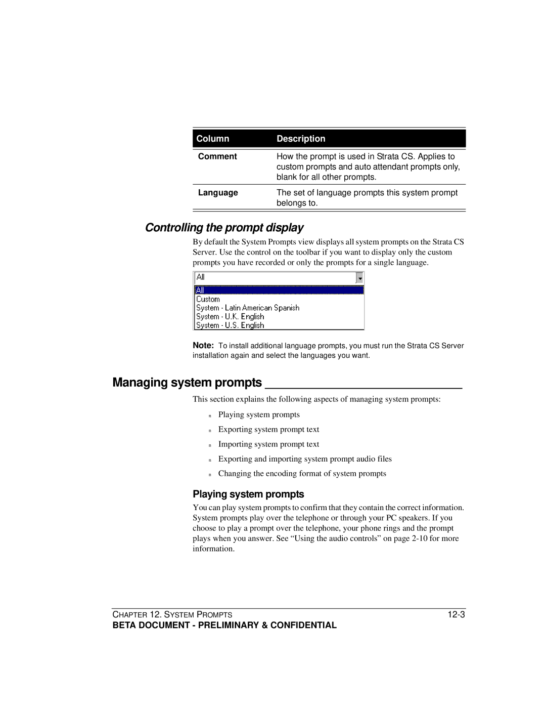 Toshiba Release 4.0 Managing system prompts, Controlling the prompt display, Playing system prompts, Comment, Language 