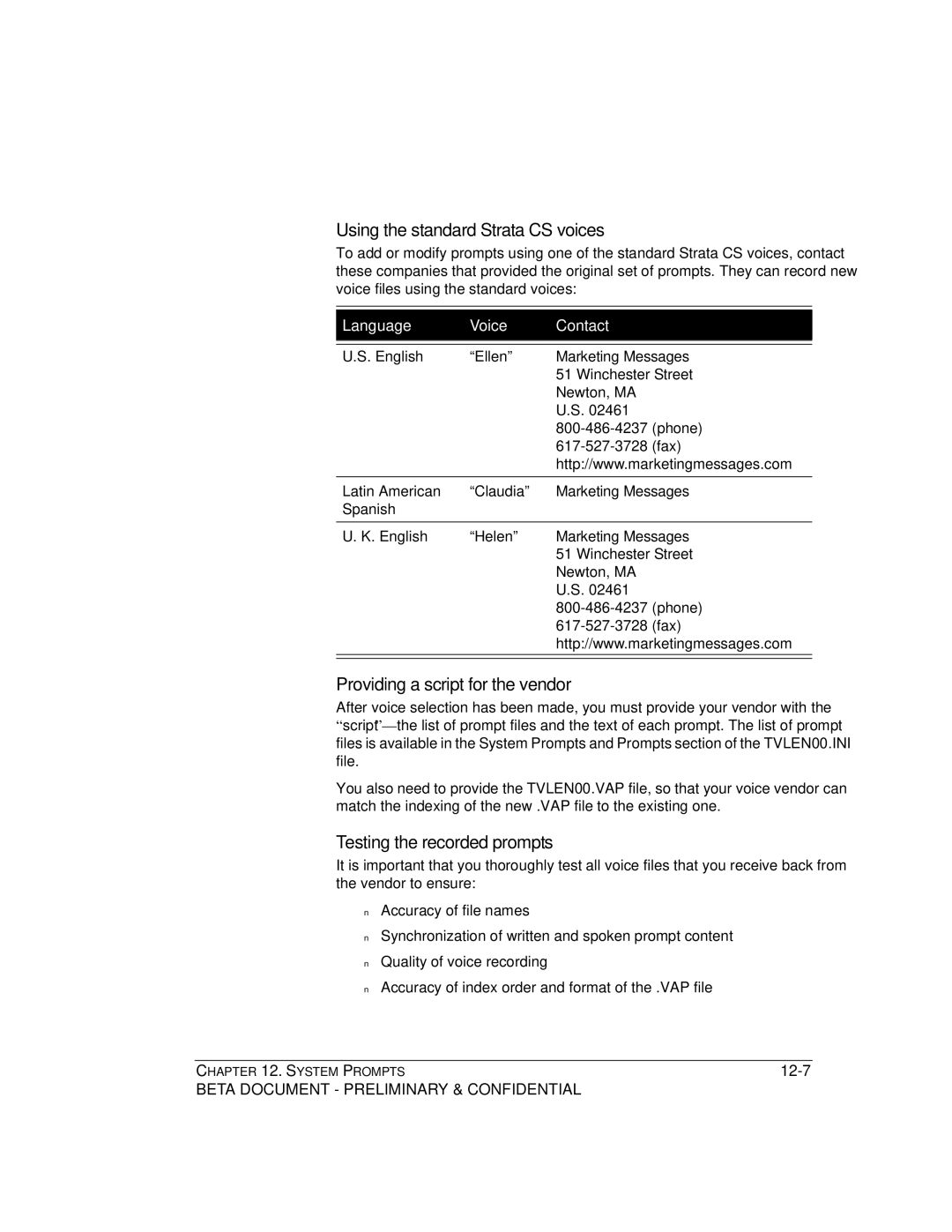 Toshiba Release 4.0 Using the standard Strata CS voices, Providing a script for the vendor, Testing the recorded prompts 