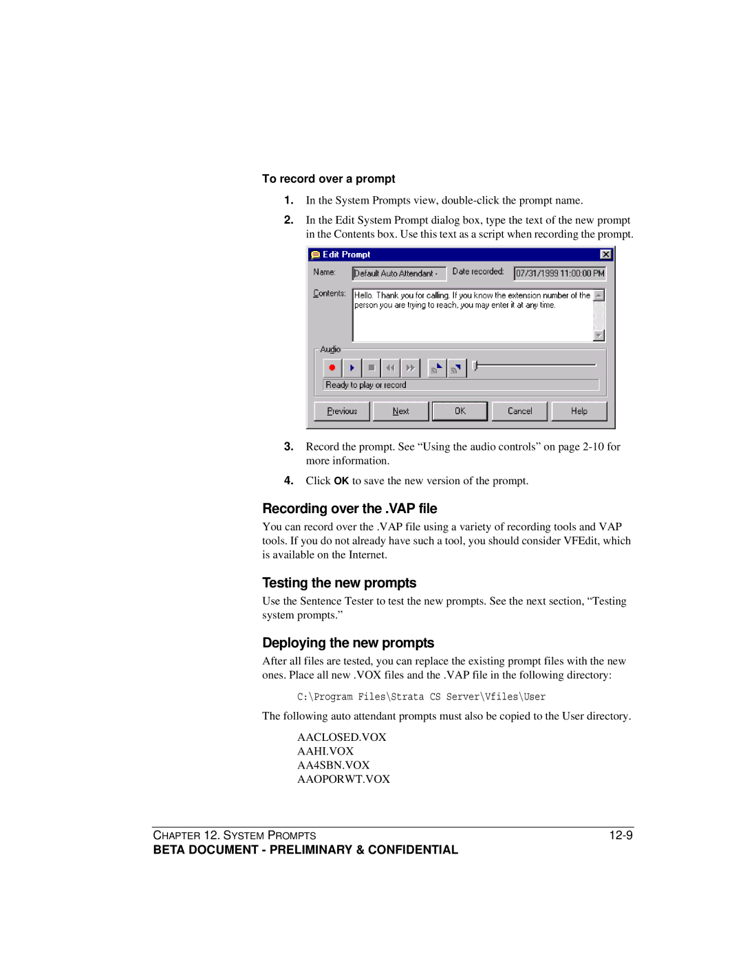 Toshiba Release 4.0 manual Recording over the .VAP file, Testing the new prompts, To record over a prompt 