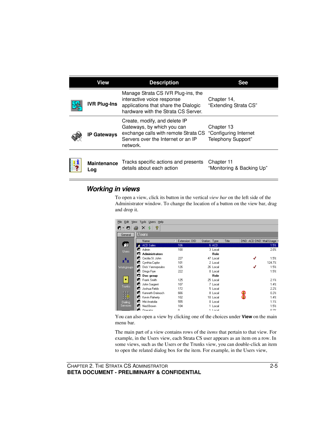 Toshiba Release 4.0 manual Working in views, IVR Plug-Ins, IP Gateways, Maintenance, Log 