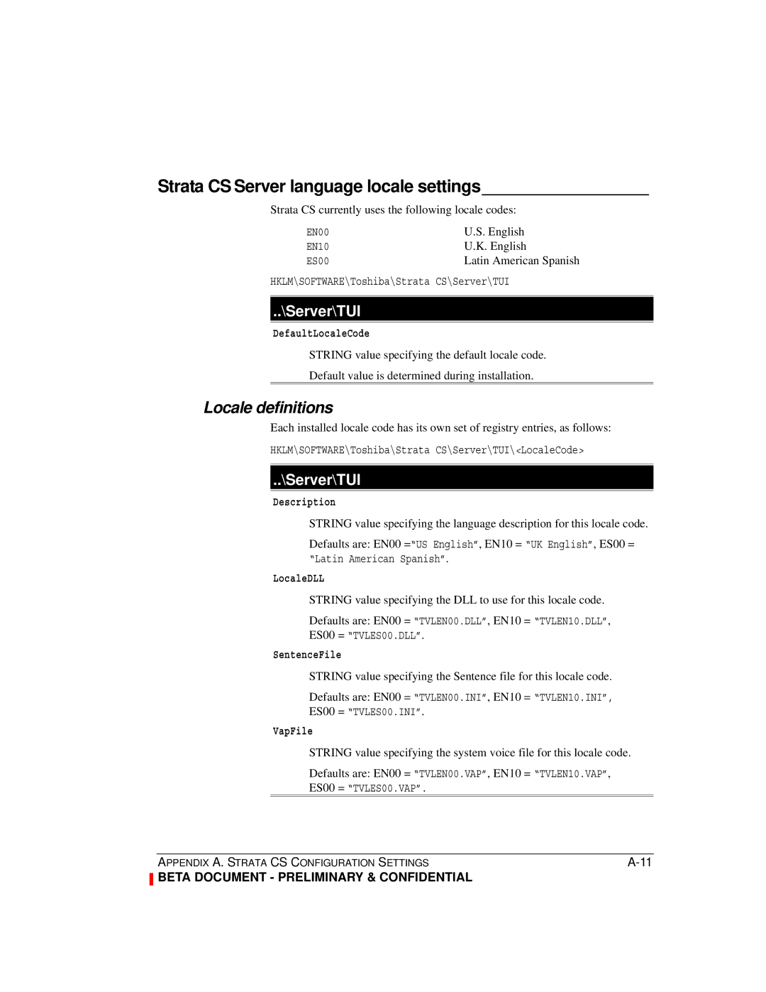 Toshiba Release 4.0 manual Strata CS Server language locale settings, Locale definitions, English 