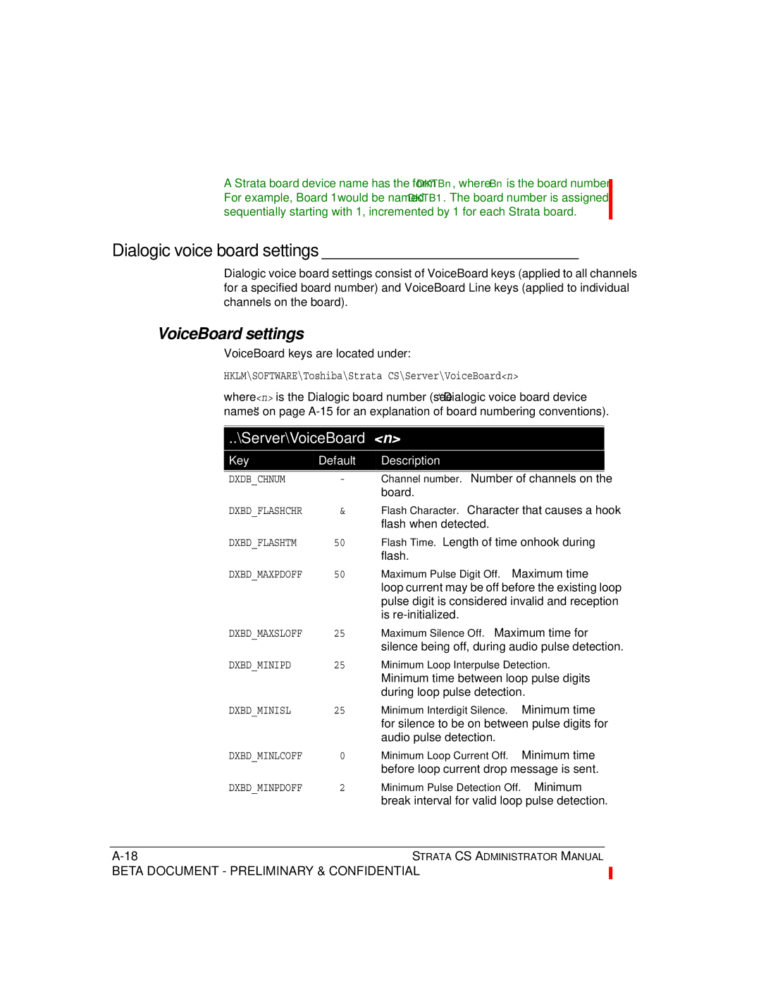 Toshiba Release 4.0 manual Dialogic voice board settings, VoiceBoard settings 