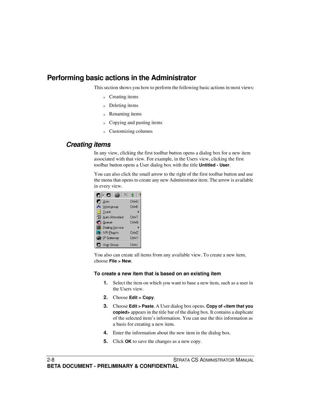 Toshiba Release 4.0 manual Performing basic actions in the Administrator, Creating items 