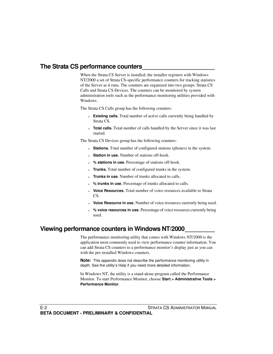 Toshiba Release 4.0 manual Strata CS performance counters, Viewing performance counters in Windows NT/2000 