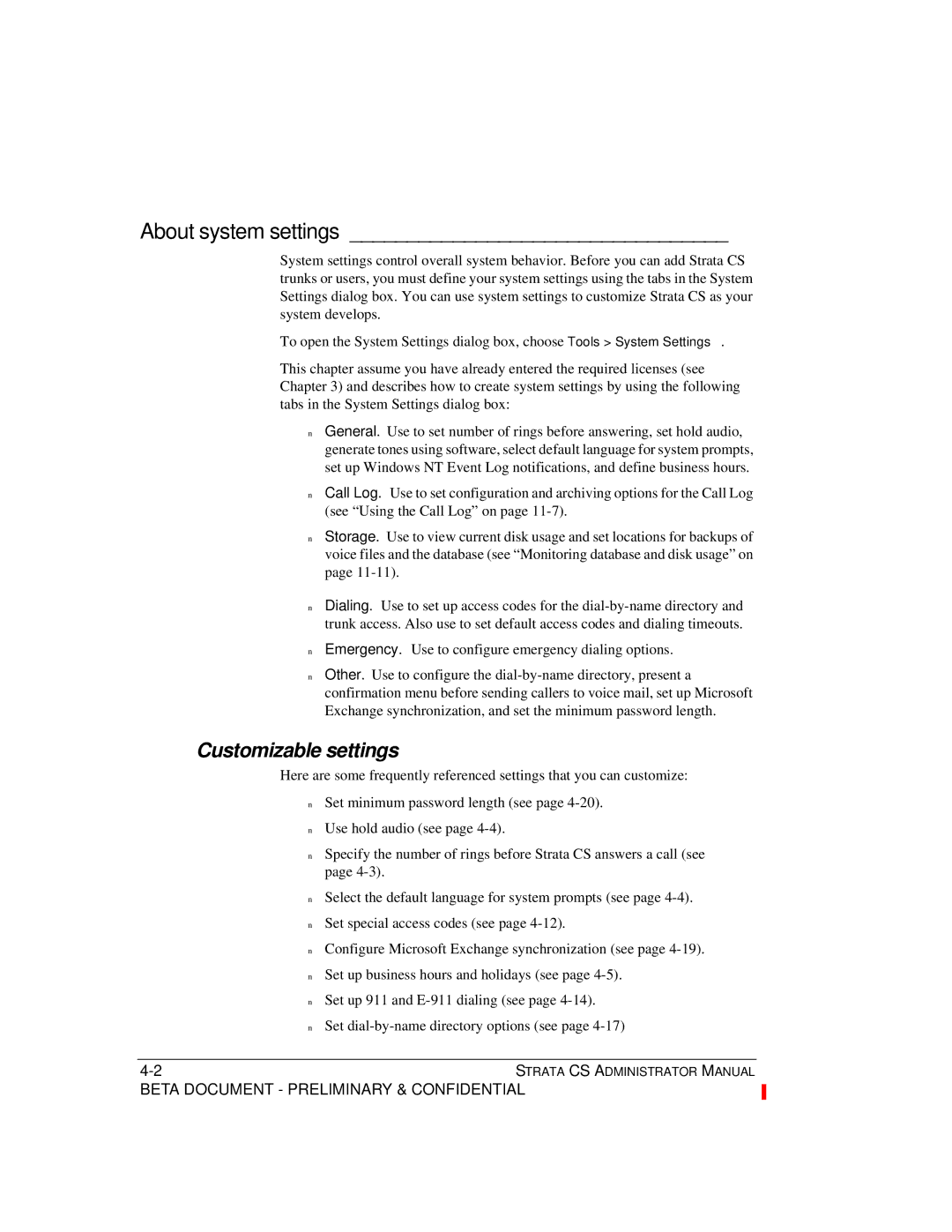 Toshiba Release 4.0 About system settings, Customizable settings, Emergency. Use to configure emergency dialing options 