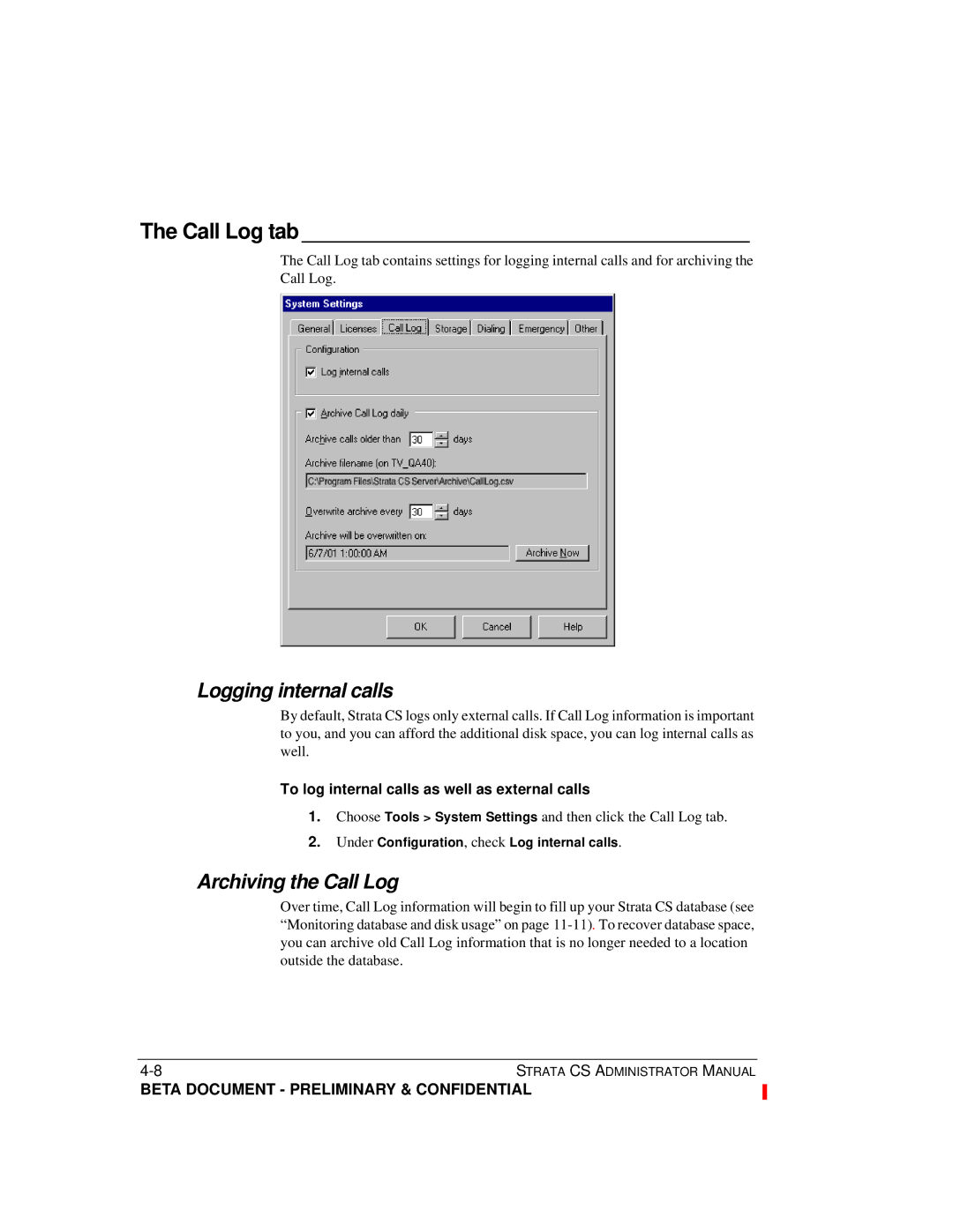 Toshiba Release 4.0 manual Call Log tab, Logging internal calls, Archiving the Call Log 