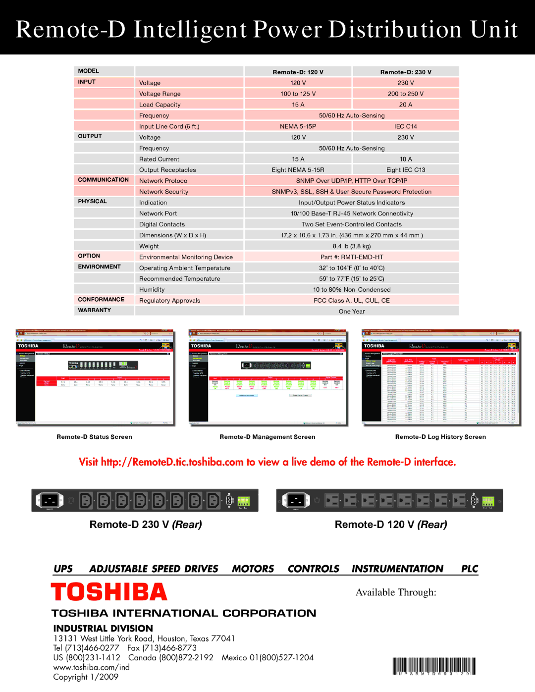 Toshiba REMOTE-D manual Model, Input, Output, Communication, Physical, Option, Environment, Conformance, Warranty 