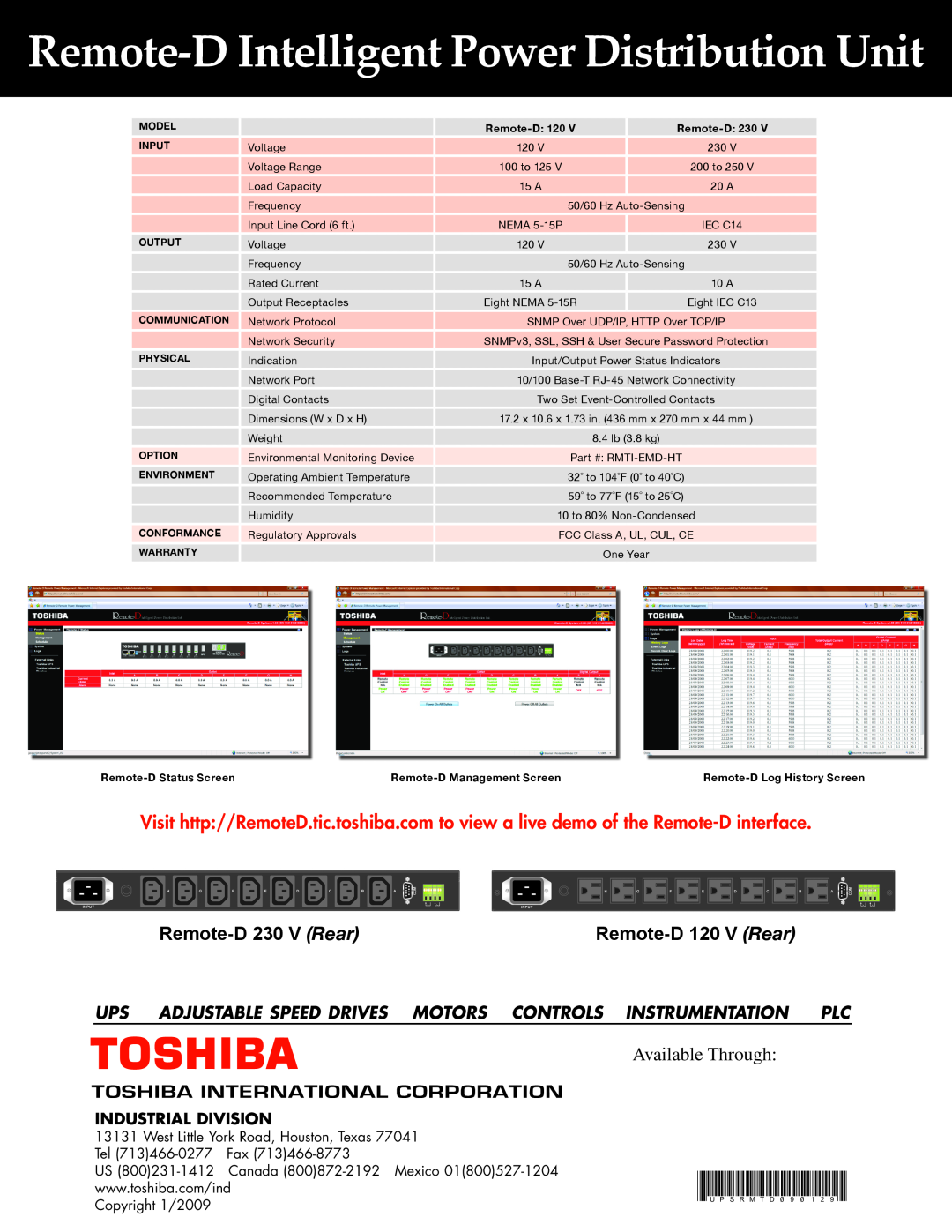 Toshiba REMOTE-D Remote-D Intelligent Power Distribution Unit, Remote-D 230 V Rear, Remote-D 120 V Rear, Available Through 
