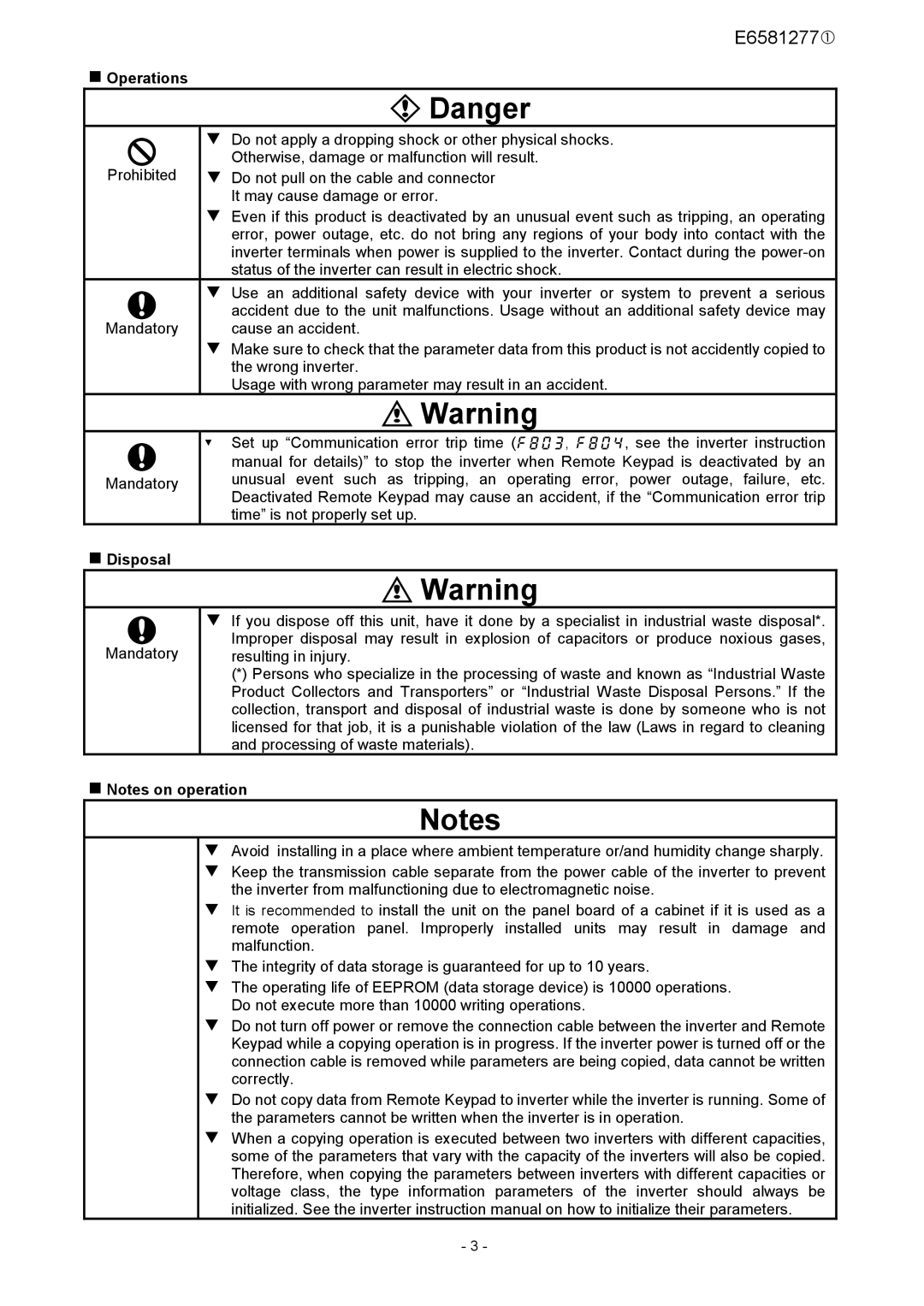 Toshiba RKP002Z instruction manual „ Operations, Do not apply a dropping shock or other physical shocks 