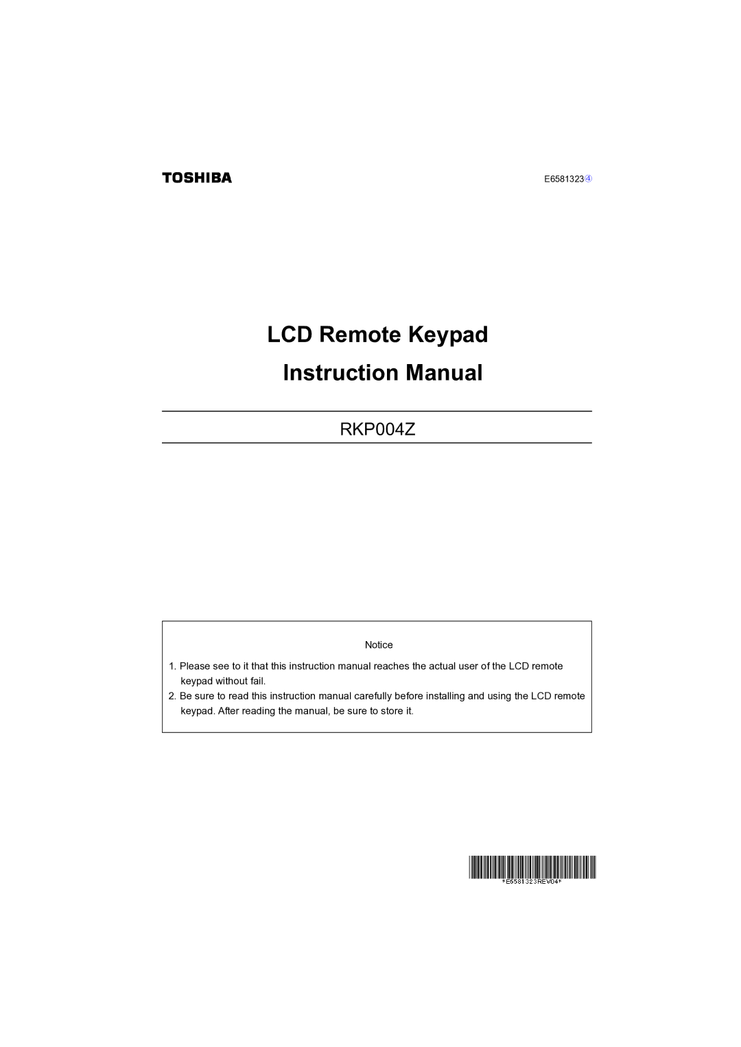 Toshiba RKP004Z instruction manual LCD Remote Keypad 