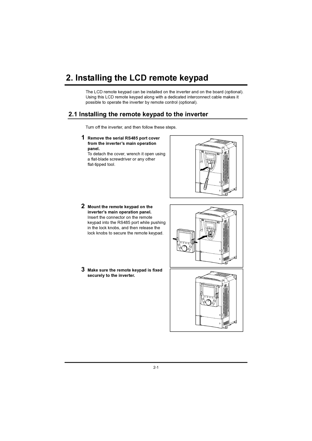 Toshiba RKP004Z instruction manual Installing the remote keypad to the inverter 