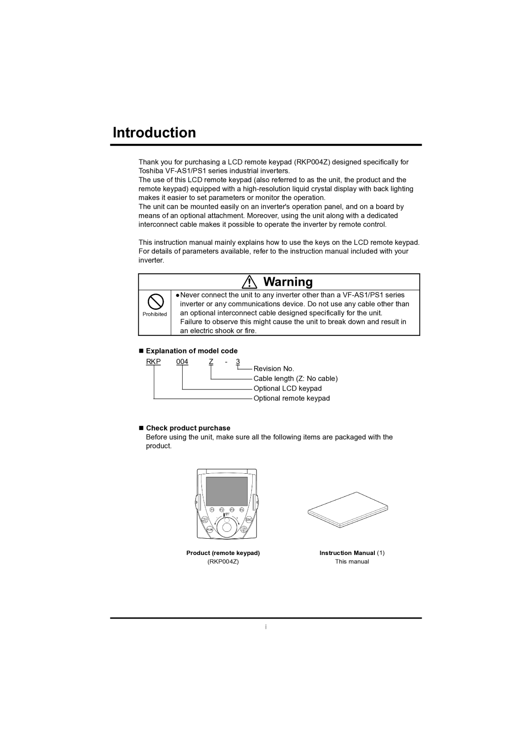 Toshiba RKP004Z instruction manual Introduction, „ Explanation of model code, „ Check product purchase 