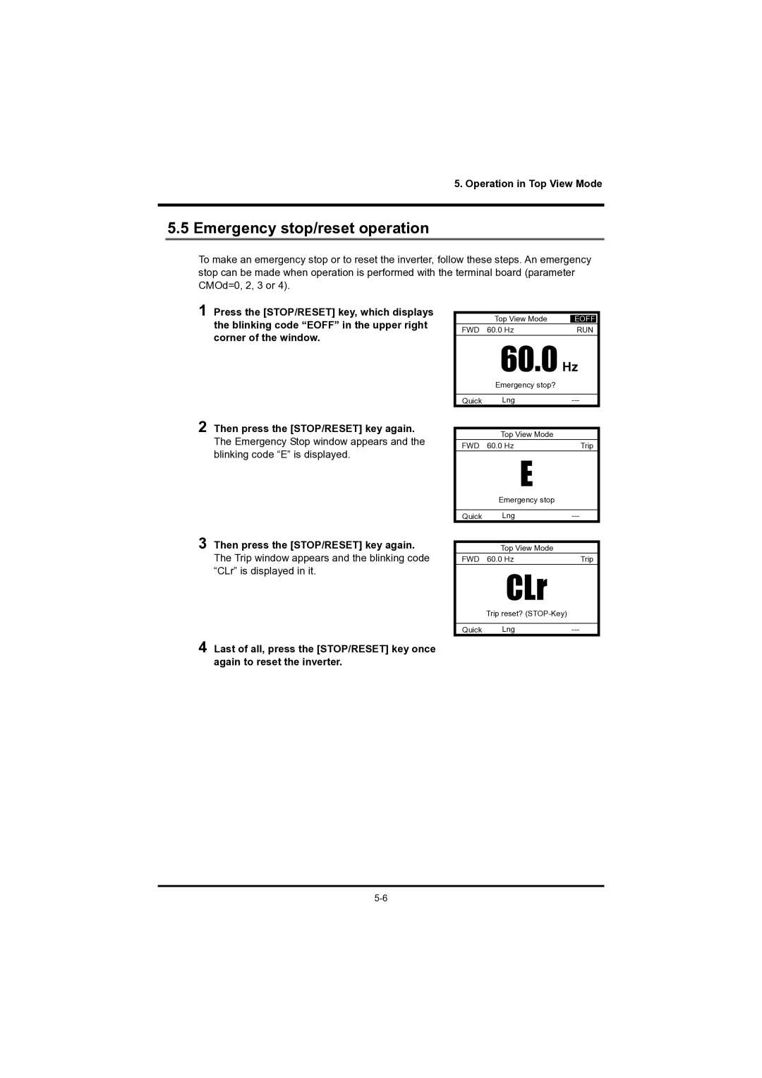 Toshiba RKP004Z instruction manual 60.0 Hz, Emergency stop/reset operation 