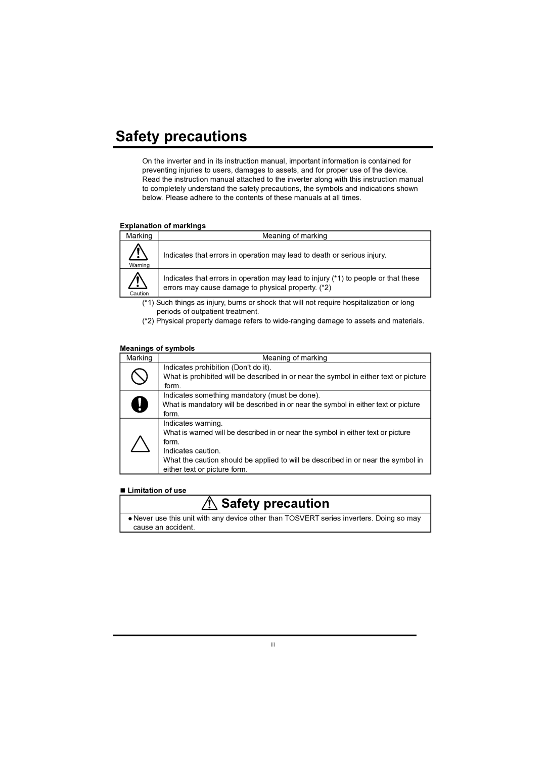 Toshiba RKP004Z instruction manual Safetyprecautionsprecautions Explanation of markings, „ Limitation of use 