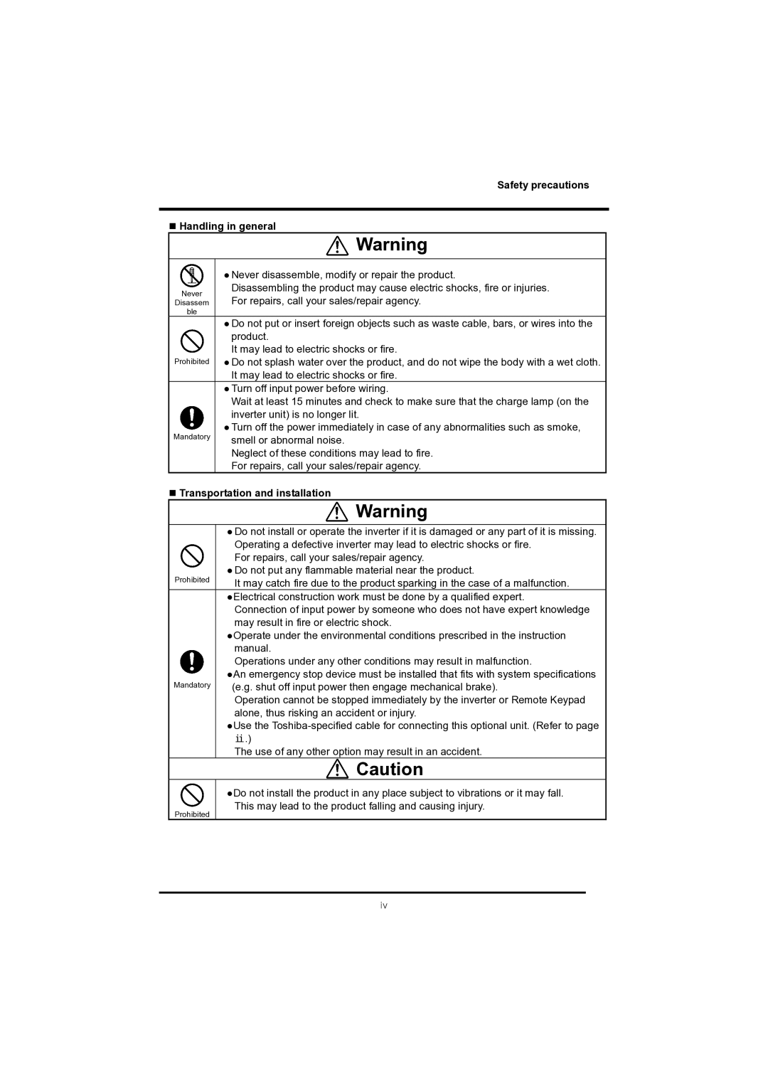 Toshiba RKP004Z instruction manual Safety precautions „ Handling in general, „ Transportation and installation 