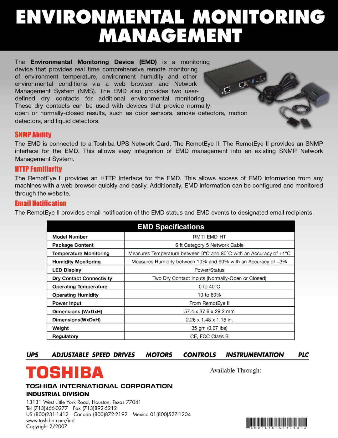 Toshiba RMTI-EMD-HT manual Environmental Monitoring Management, Snmp Ability, Http Familiarity, Email Notification 