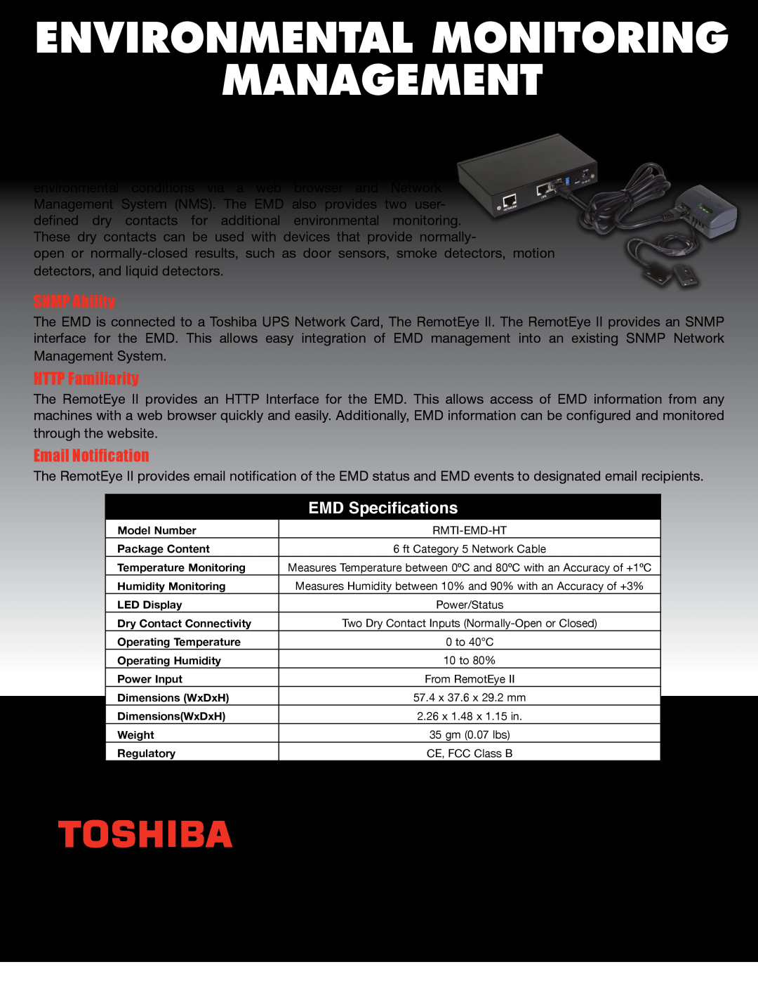 Toshiba RMTI-EMD-HT manual Environmental Monitoring Management, SNMP Ability, HTTP Familiarity, Email Notification, Motors 