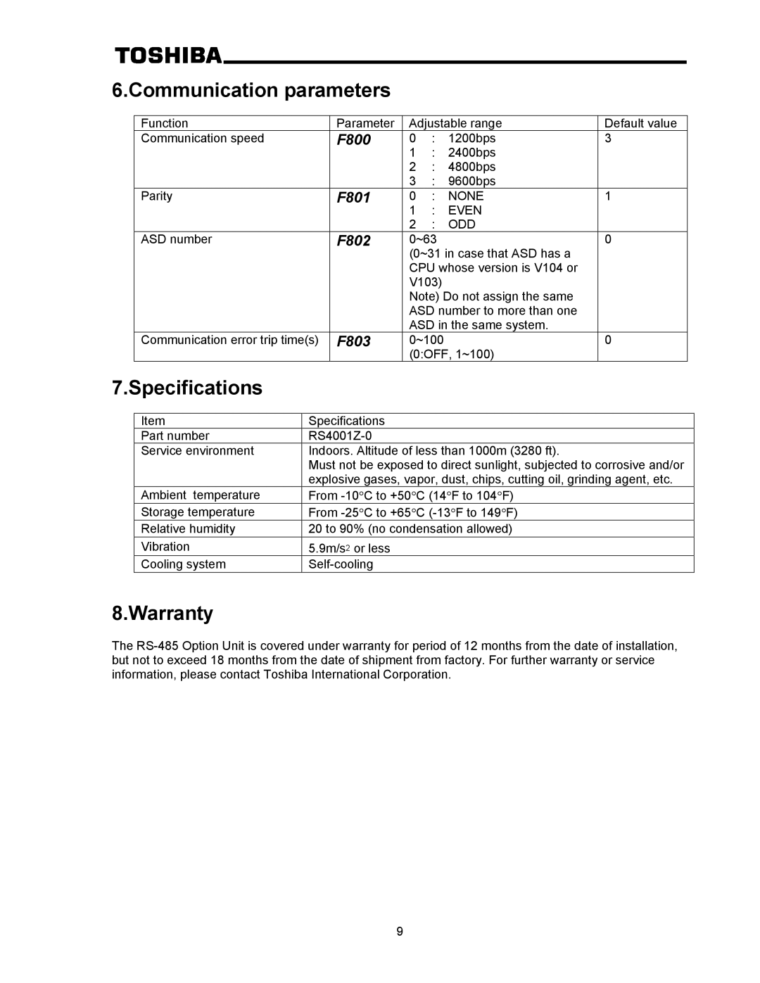 Toshiba RS-485 operation manual Communication parameters, Specifications, Warranty 