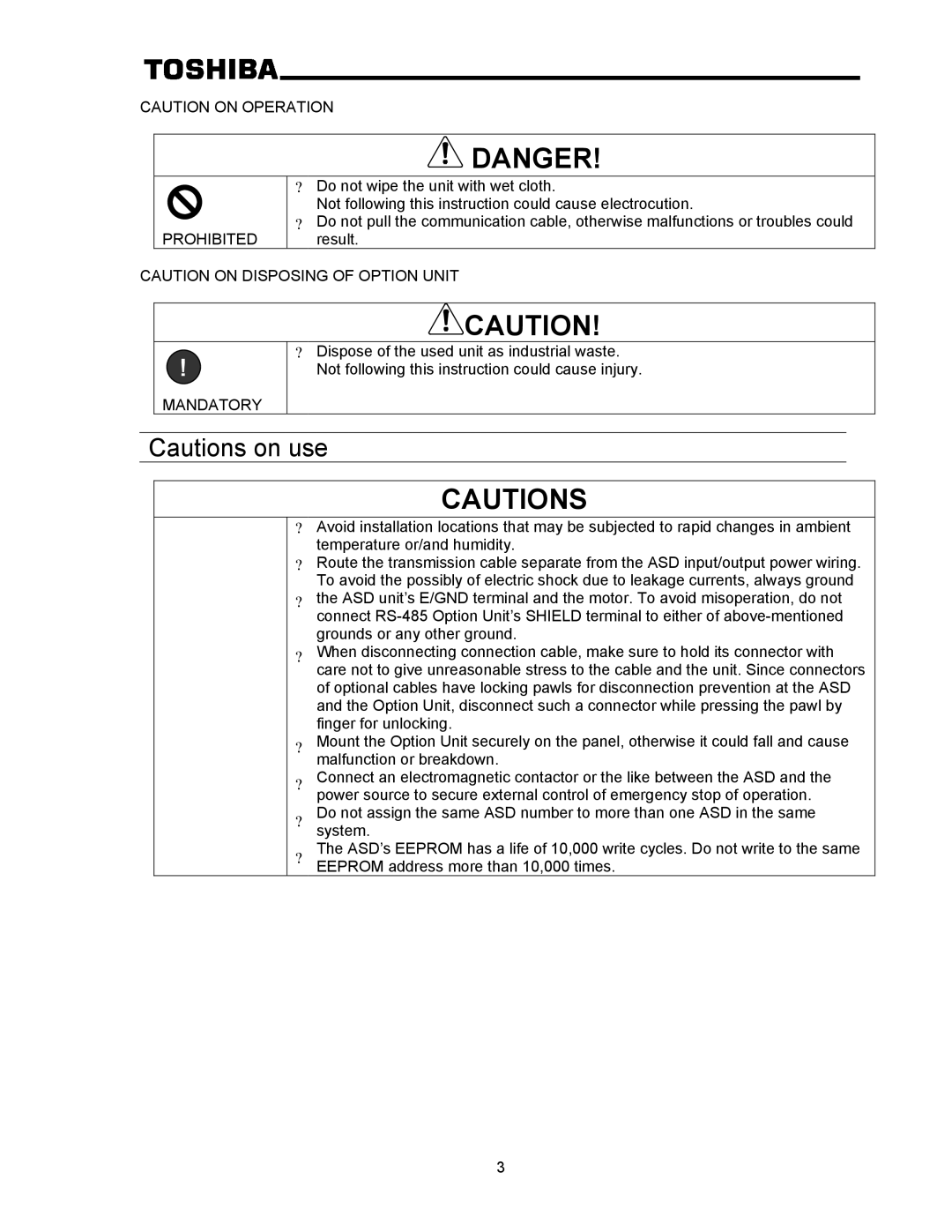 Toshiba RS-485 operation manual Prohibited 