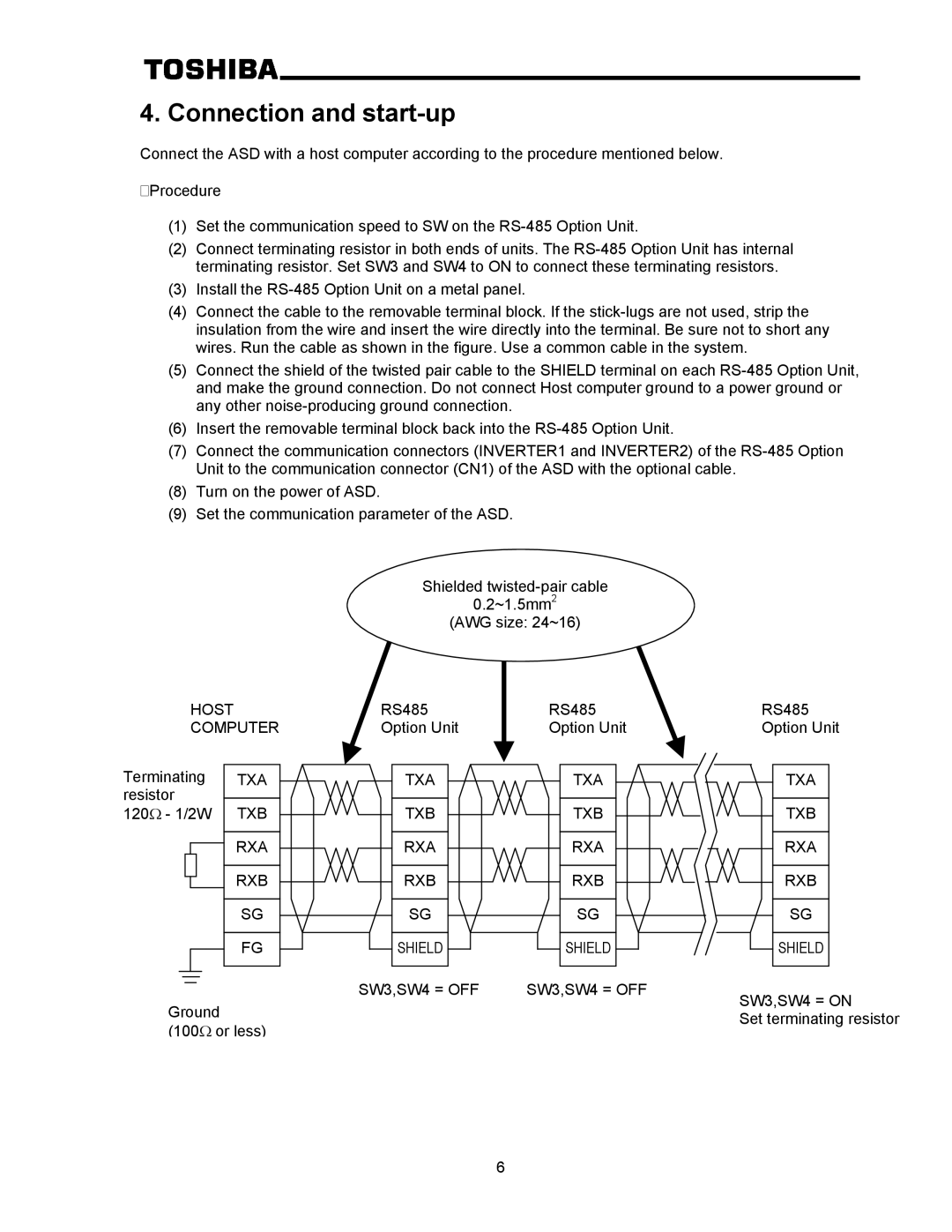 Toshiba RS-485 operation manual Connection and start-up 