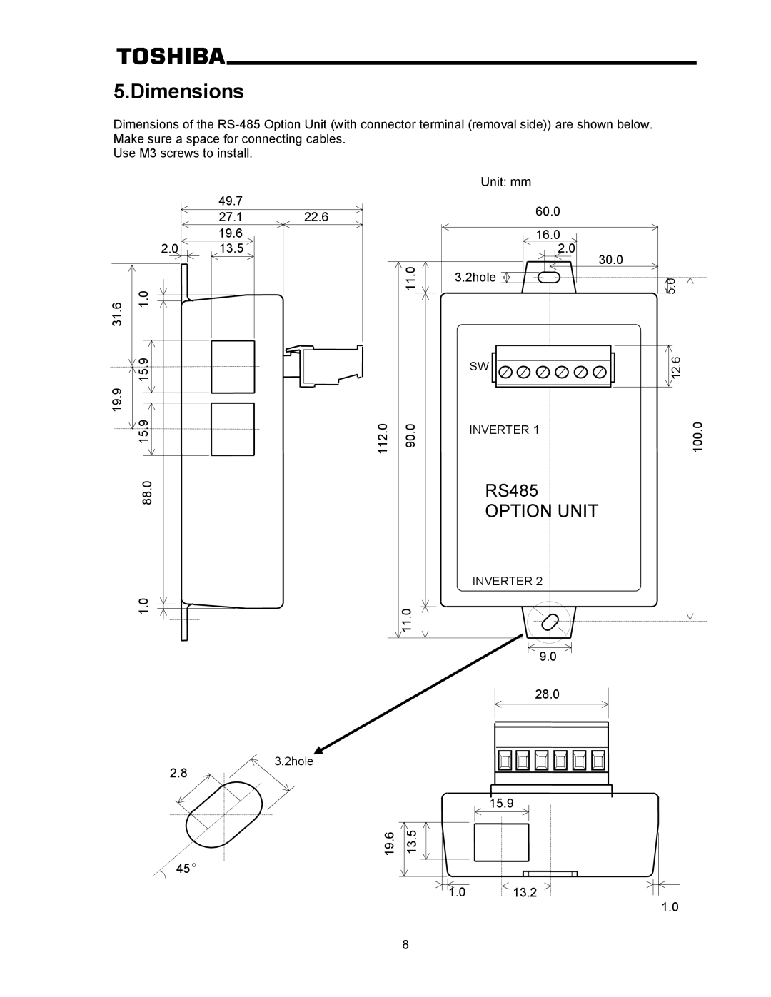 Toshiba RS-485 operation manual Dimensions 