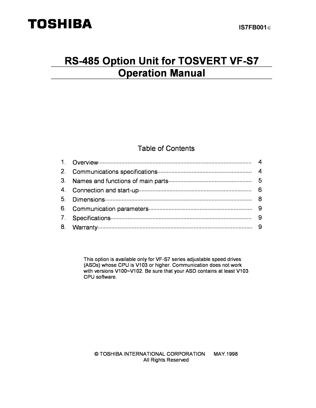 Toshiba operation manual RS-485 Option Unit for TOSVERT VF-S7 Operation Manual, Table of Contents, IS7FB001∈ 