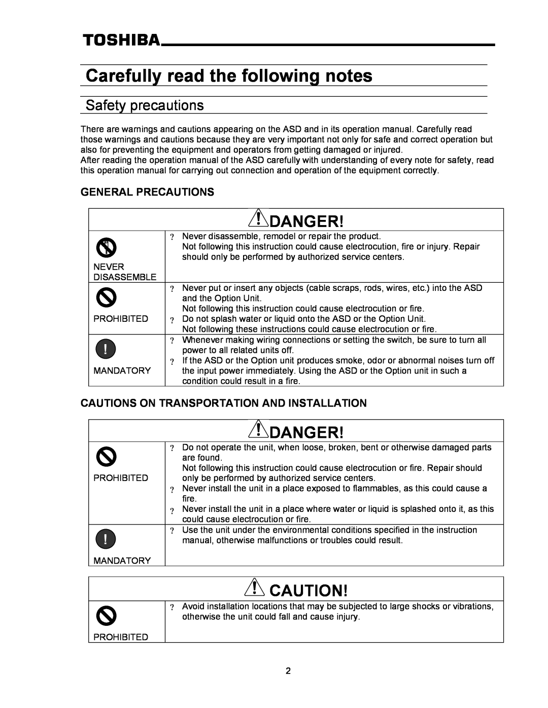 Toshiba RS-485 operation manual Carefully read the following notes, Danger, Safety precautions, General Precautions 