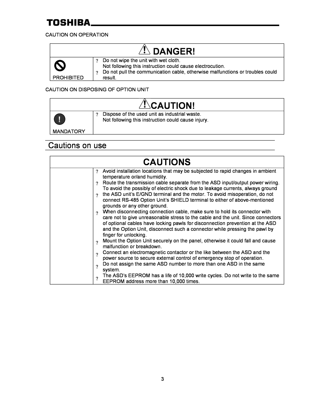 Toshiba RS-485 operation manual Cautions on use, Danger 
