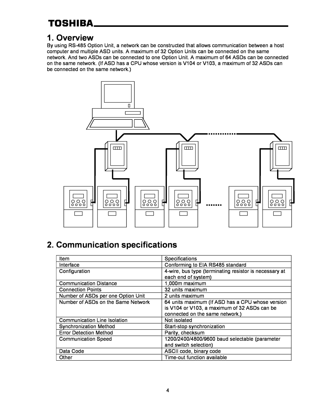 Toshiba RS-485 operation manual Overview, Communication specifications 