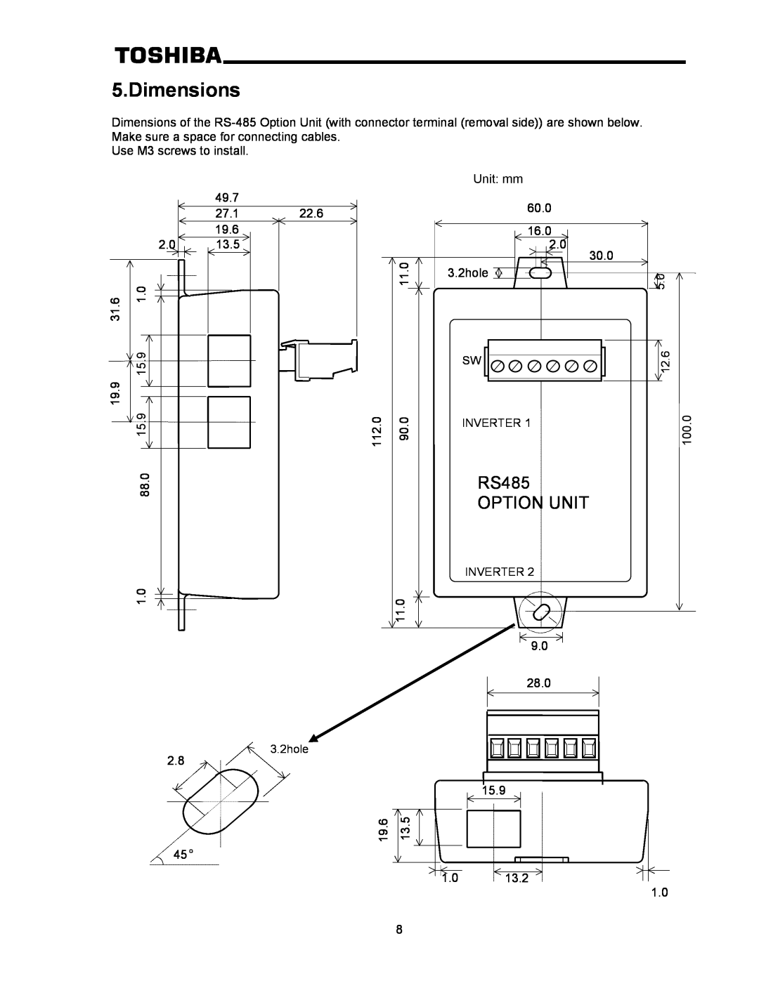 Toshiba RS-485 operation manual Dimensions, RS485 OPTION UNIT 