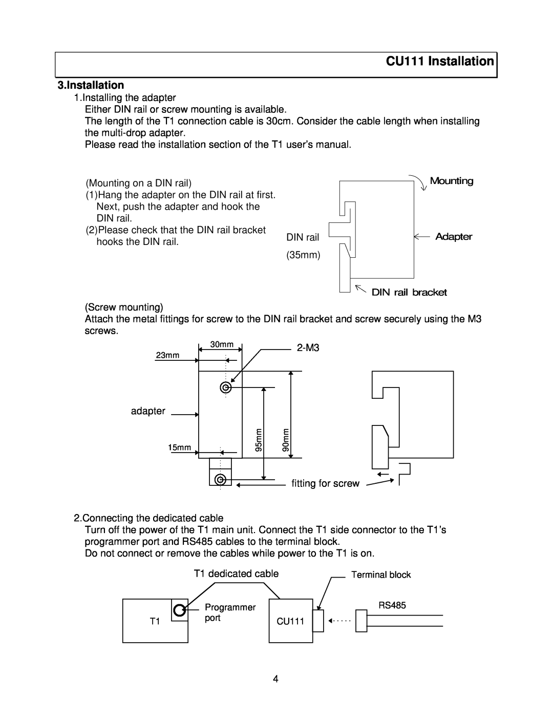 Toshiba RS232C, RS-485 user manual CU111 Installation 