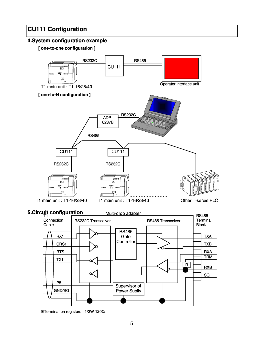 Toshiba RS-485 CU111 Configuration, System configuration example, Circuit configuration, ¼¼¼¼¼¼¼¼, one-to-N configuration 