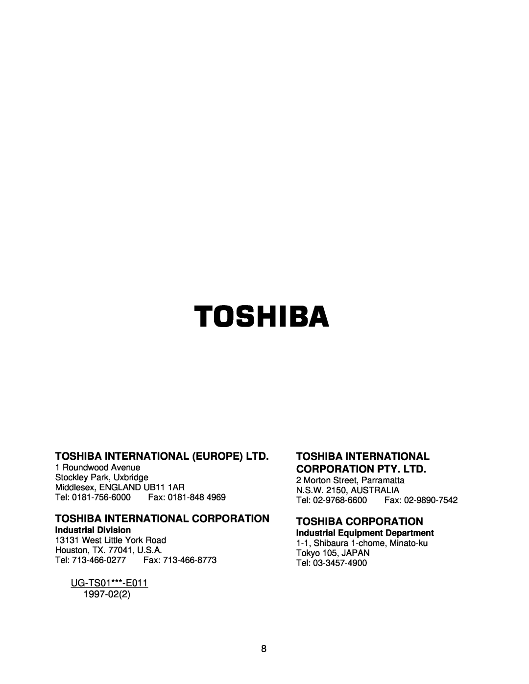 Toshiba RS232C, RS-485 Toshiba International Corporation, Toshiba Corporation, UG-TS01***-E011, Industrial Division 